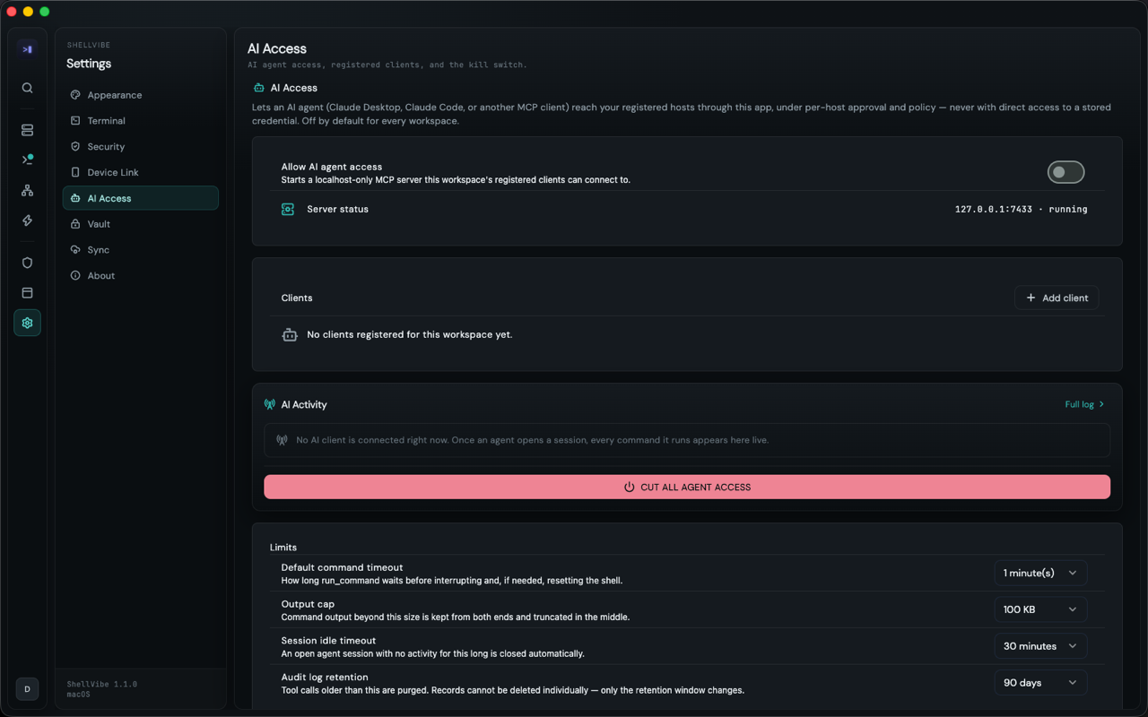 AI Access settings showing the agent toggle, registered clients, live activity and a kill switch