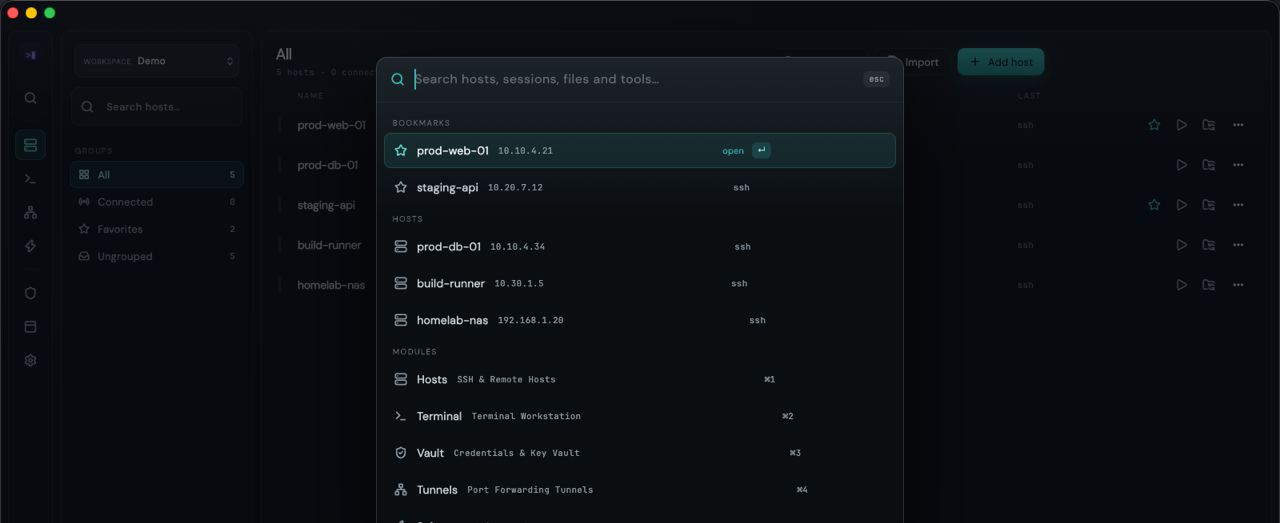 The command palette listing bookmarks first, then hosts, then modules