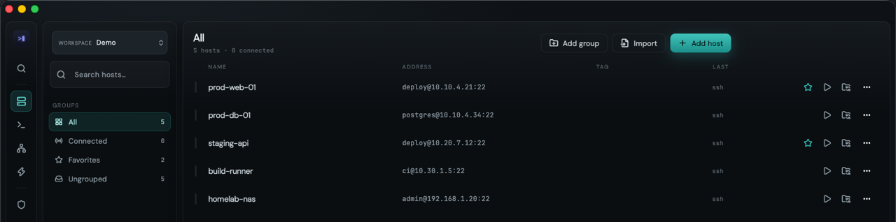 The host list with five servers, two of them starred, and a Favorites filter in the sidebar