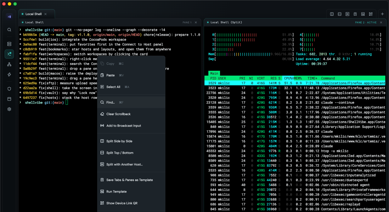 A right-click menu open on a terminal pane, listing split, template and transfer actions