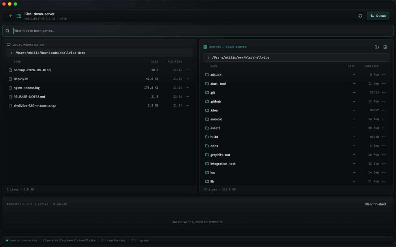 The SFTP browser with the local workstation on the left, the remote host on the right and a transfer queue underneath