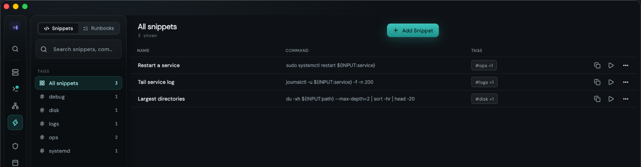 A snippet list with three parameterised commands and their tags