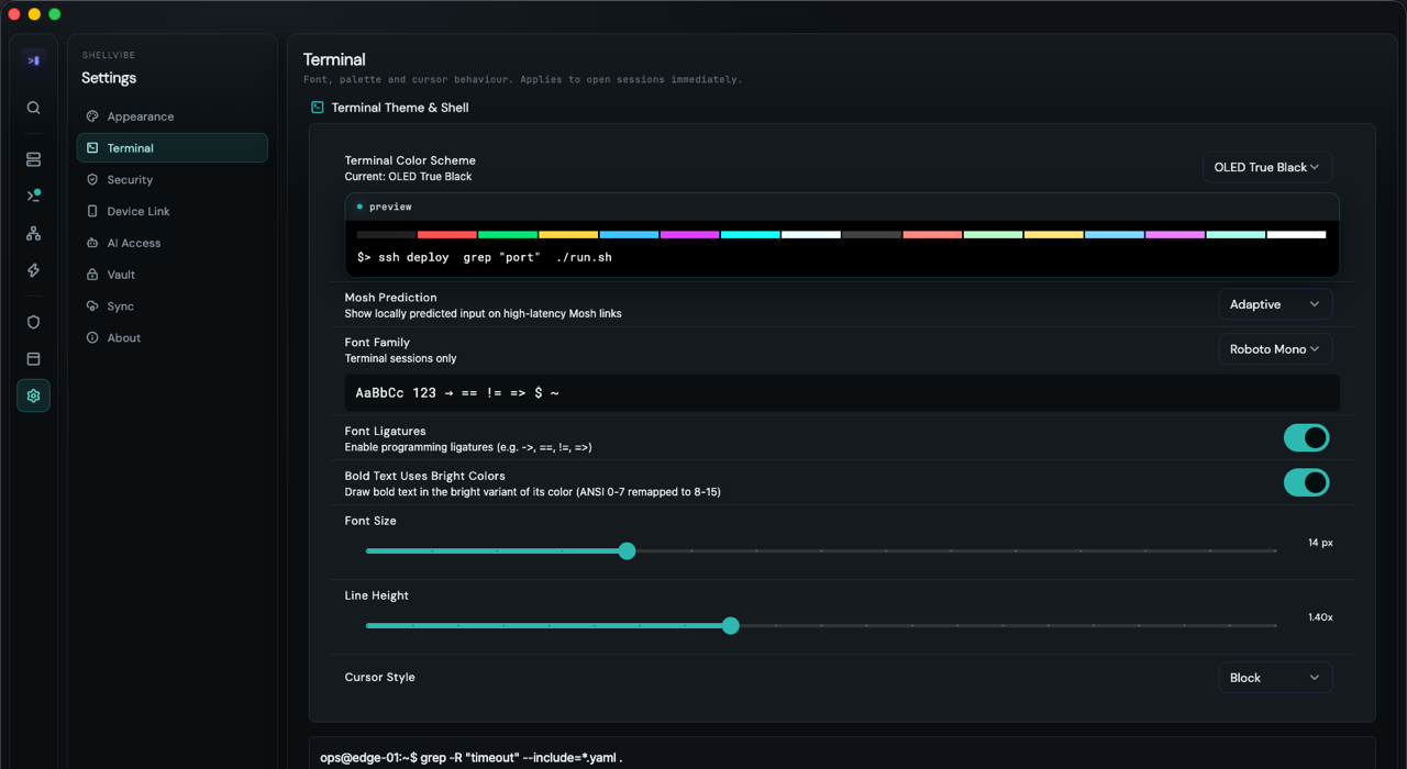 Terminal settings with a colour-scheme preview and a font sample