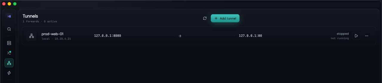 A tunnel list showing a local forward from 127.0.0.1:8080 to 127.0.0.1:80 with its live state