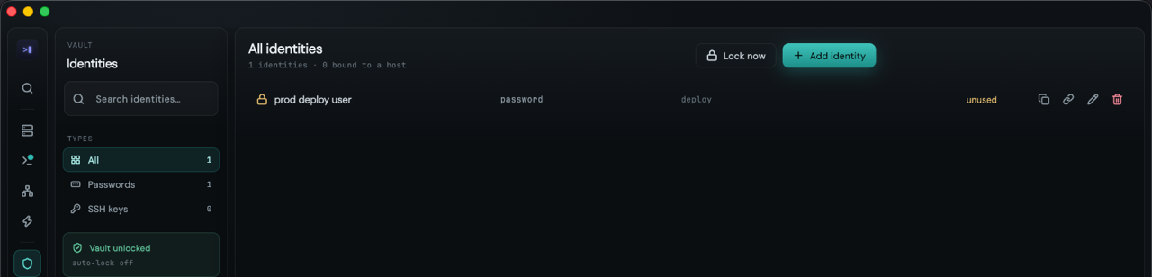 The vault identity list showing a stored password identity