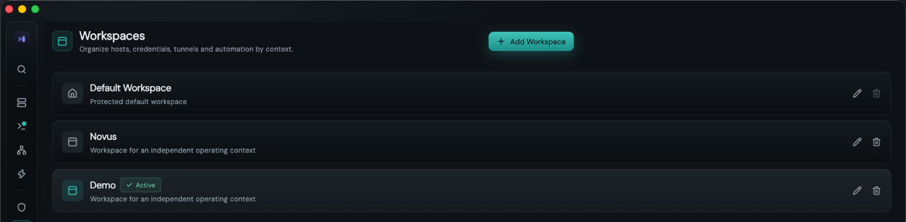 A workspace list with one workspace marked active